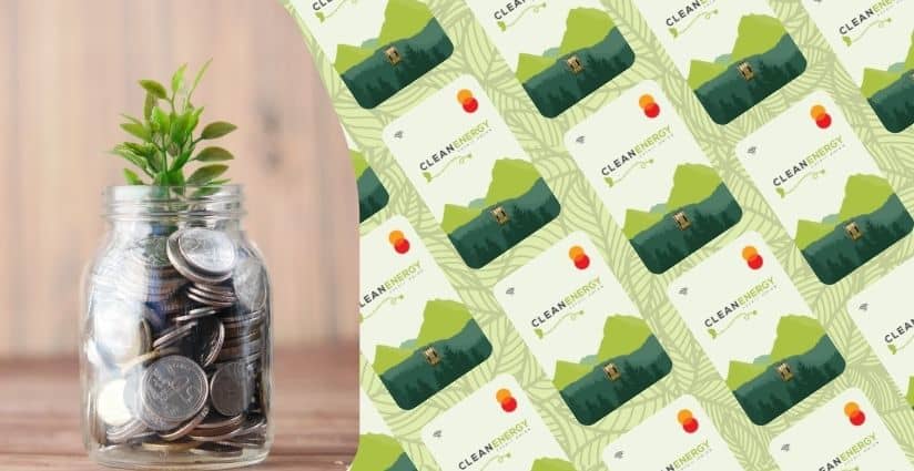 This is a photo of the Clean Energy CU debit card and a coin jar.