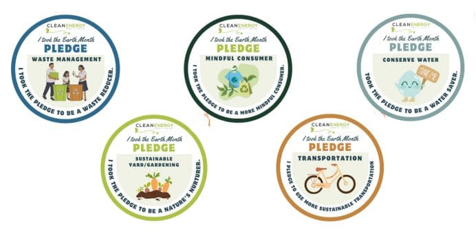 A graphic showing all of the different badges you can get this earth day from taking the pledge.